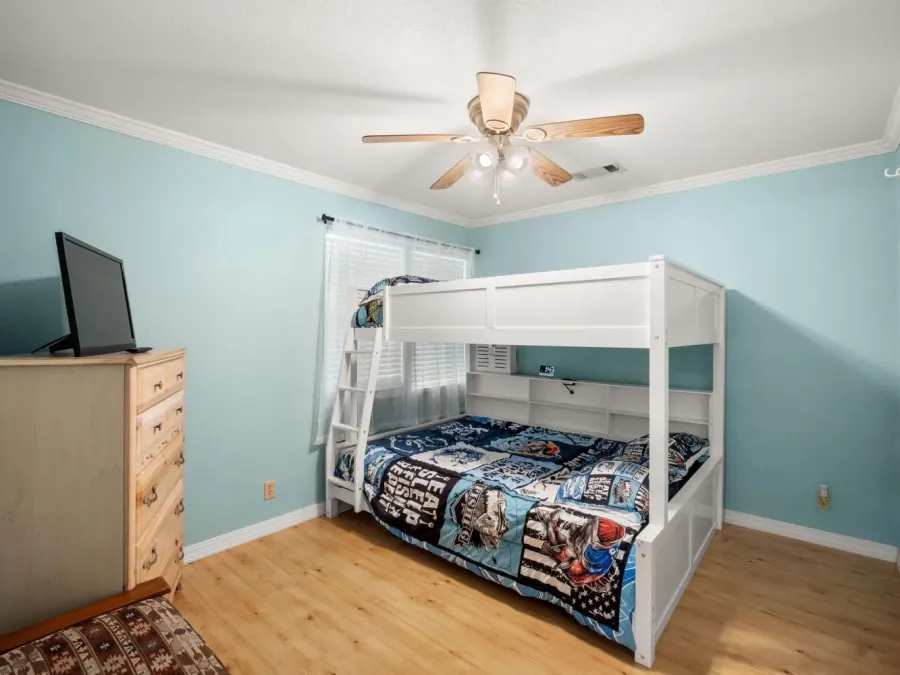 Bedroom two has bunks with a double on the bottom and twin up top Bedroom two has bunks with a double on the bottom and twin up top